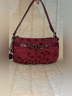 Coach Red Signature Jacquard Shoulder Bag with Ring Detail